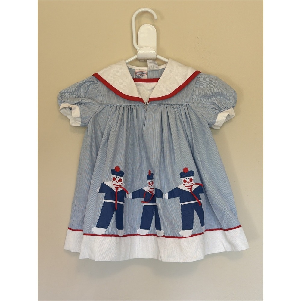 Vintage VTG Youngland Pinstripe Sailor Navy Military Ribbon Dress Toddler Girl 3